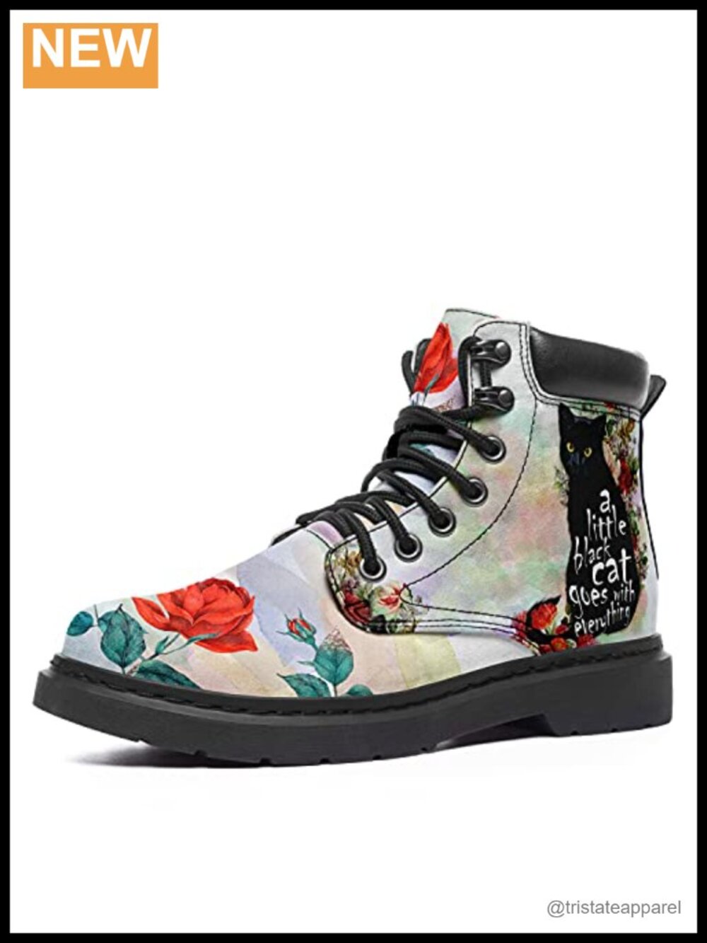 Women's Cat Flower Ankle Boots Waterproof Lace-Up Mid Heel